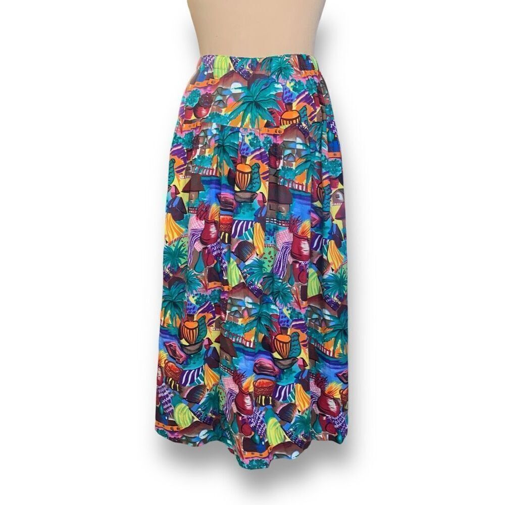 Vintage Handmade Skirt Colorful Blue Green Ethnic Village Elastic Waist Maxi